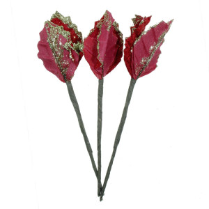 Crenguta cu craciunita rosie si sclipici auriu 16cm 3/set