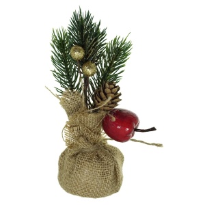 Decoratiune crenguta brad/bobite/con si mar in sac iuta 17x6cm