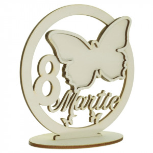 Decoratiune placaj natur decupat inscriptie 8 Martie cu fluturi si suport oval 15cm 3 piese