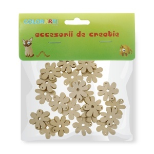 Floare lemn natur 7 petale 2cm cu 2 gauri pentru cusut pe textile 20/set A1080