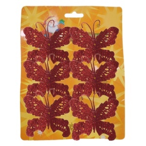 Fluture plastic cu sclipici rosu 7x8cm 6/set