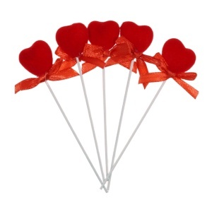 Inima polistiren si catifea rosie cu fundita 2,2cm pe bat 9cm 5/set