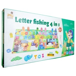 Joc educativ din lemn 4 in 1 - La pescuit cu Alfabet - multicolor 23x45,5cm 59 piese + suport