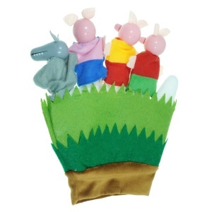 Marioneta manusa cu 4 personaje - Cei trei purcelusi - pasla, textil, lemn 18x21cm - Img 3