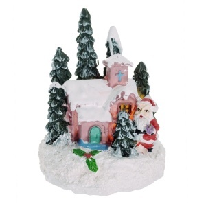 Miniatura biserica din plastic roz/alb cu led brazi si Mos Craciun 5,5x5,5x7,3cm