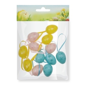 Ou plastic galben/roz/bleu cu flori si agatatoare 4cm 12/set