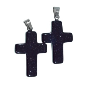 Pandantiv piatra semipretioasa sintetica goldstone albastru cruce 19x29mm cu agatatoare metalica argintie 2/set