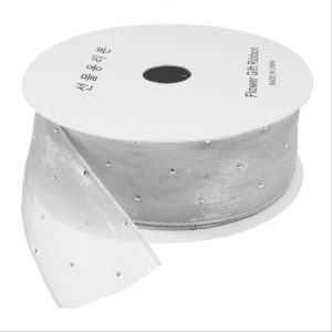 Panglica organza alba cu strasuri argintii 40mm x 18m/rola