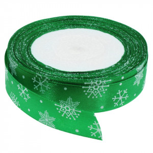 Panglica satinata verde cu fulgi albi 20mm x 21m/rola