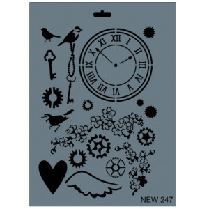 Sablon plastic Ceas/pasari/flori/inima 25x35cm Rich NEW 247