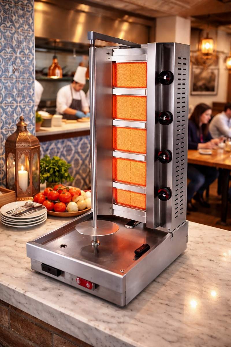 Rotisor profesional shaorma inox 5 arzatoare gaz 50kg DenisNetwork dimensiuni 1040x640x520 mm echipament fast food kebab
