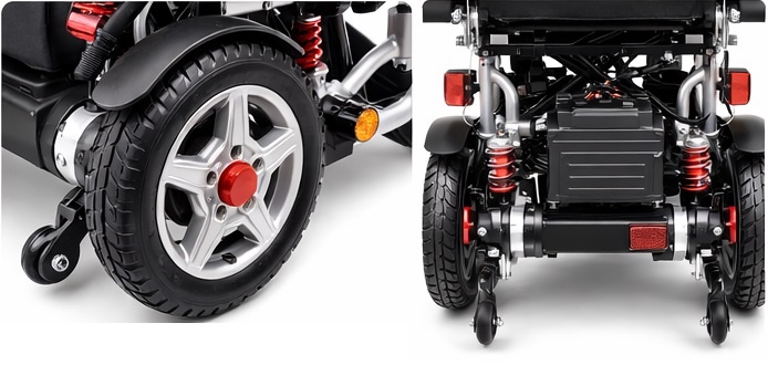 Scaun electric handicap pliabil cu suspensie dublă, autonomie mare, roți mari 12 inch