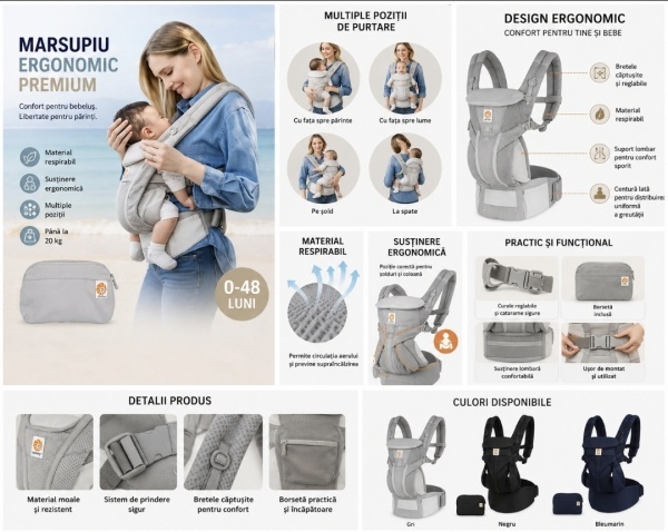 Realizat din materiale rezistente si confortabile, marsupiul este prevazut cu sistem de prindere sigur, bretele captusite si borseta practica inclusa. Designul ergonomic distribuie uniform greutatea copilului pentru o experienta placuta si sigura la fieca