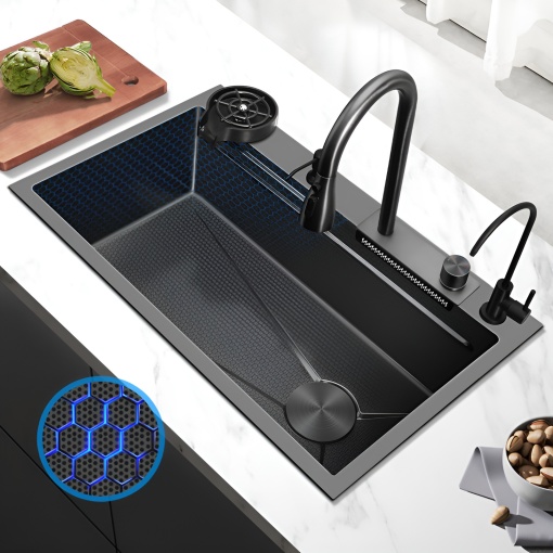 Chiuvetă bucătărie smart multifuncțională (5 funcții) - AQUA 2, inox gri antracit, 80 x 46 cm, baterie principală, cascadă, baterie filtru apă, dozator detergent, spălător pahare, 2 tăvite uscare + tocător