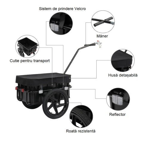 Detachable bicycle trailer, cargo trolley, steel frame, reflective elements, black - Img 2