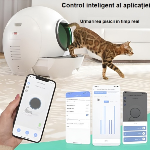 Litieră mare SMART cu sistem de curățare UV pentru pisici cu control din aplicație mobilă cu afisaj LED, senzor siguranță