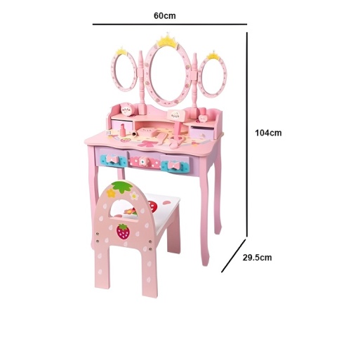 Masă și scaun de machiaj din lemn pentru copii, cu oglindă, accesorii din lemn, design elegant, culoare roz - Img 6