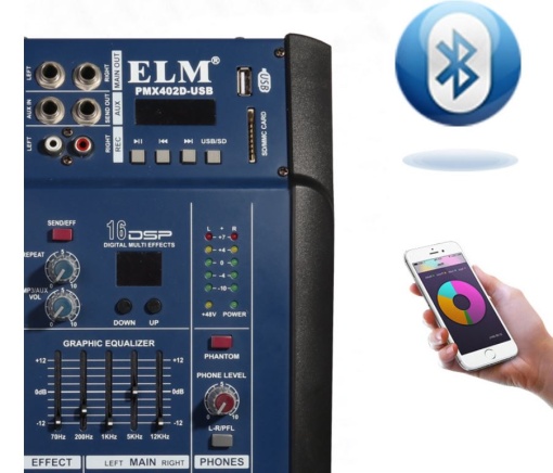 Mixer cu amplificare, putere 2x250 W, 4 canale, 16 efecte, egalizator 5 benzi, Bluetooth, USB/MP3 și Sound Card