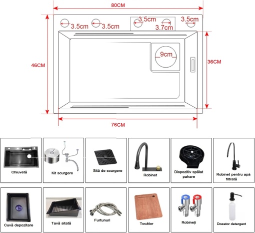 Scehema montaj chiuvetă smart Aqua 3 accesorii complete dozator detergent tocător AlpinCool DenisNetwork
