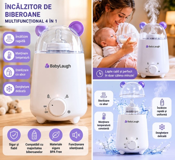 Incalzitorul Multifunctional BabyLaugh pentru Biberoane si Hrana Bebelusi combina functiile de incalzire rapida, dezghetare delicata si sterilizare eficienta intr-un singur dispozitiv compact. Solutia ideala pentru pregatirea sigura si rapida a laptelui s