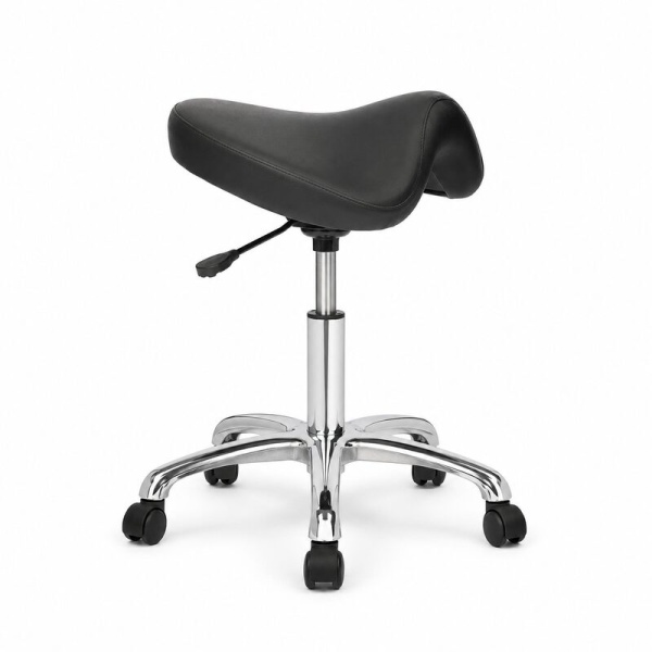 Scaun ergonomic tip șa cu bază cromată și înălțime reglabilă pentru salon
