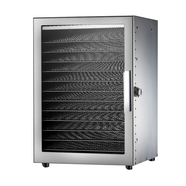 Deshidrator profesional pentru fructe si legume cu putere de 800W, temperatura reglabila intre 20 si 90°C si timer de pana la 24 de ore. Constructia robusta din inox si cele 12 tavi permit procesarea unor cantitati mari de alimente.