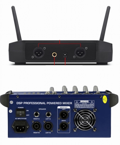 Pachet complet pentru performanțe audio : Mixer cu amplificare de 2x250W și 2 microfoane Shure GLXD4