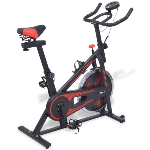 Bicicletă de spinning văzută din față, cu ghidon și computer LCD