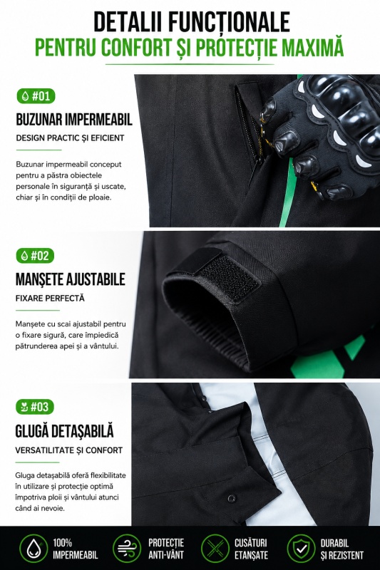 Costum Ploaie Moto Impermeabil Premium - Set Geacă și Pantaloni pentru Motocicletă, Anti-Vânt, Cusături Etanșate, Glugă Detașabilă și Buzunare Impermeabile - Img 4