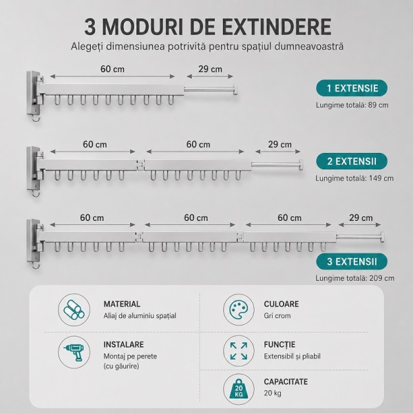 Foldable hanger rack 200 cm, 24 hangers, durable and resistant, adjustable, 180° rotation, made of aluminum, gray - Img 11