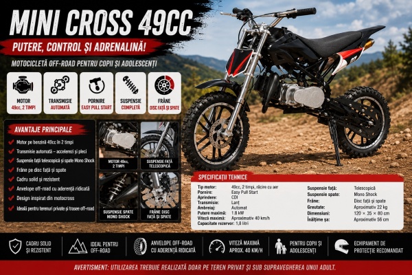 Mini Motocicletă Cross 49cc pe Benzină OFF-ROAD - Dirt Bike Off-Road cu Motor în 2 Timpi și Pornire Easy Start (Motocross) - Img 2