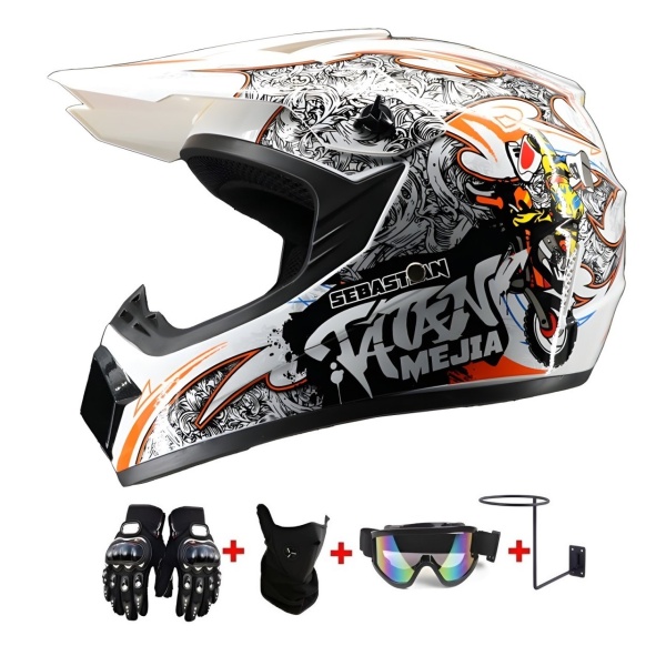Set Cască Cross Sebastian MX cu Mănuși, Ochelari, Cagulă și Suport de Perete pentru Motociclete, Dirt Bike, Enduro, Atv, Mărime XS, S, M, L, XL - Flytec™