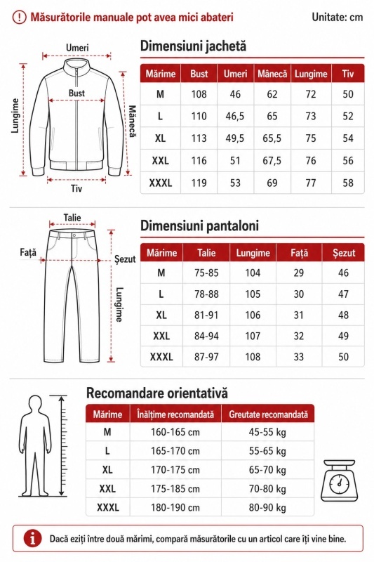 Ghid mărimi costum moto Flytec geacă și pantaloni