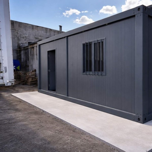 Container gri închis cu ușă și fereastră cu grilaj, fotografiat pe platformă