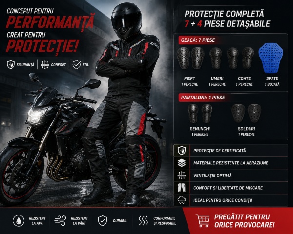 Costum moto negru-roșu purtat de motociclist, protecții detaliate