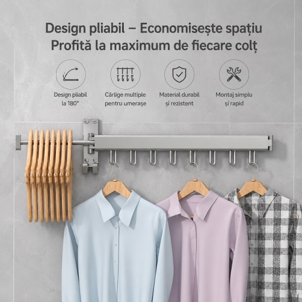 Foldable hanger rack 200 cm, 24 hangers, durable and resistant, adjustable, 180° rotation, made of aluminum, gray - Img 5