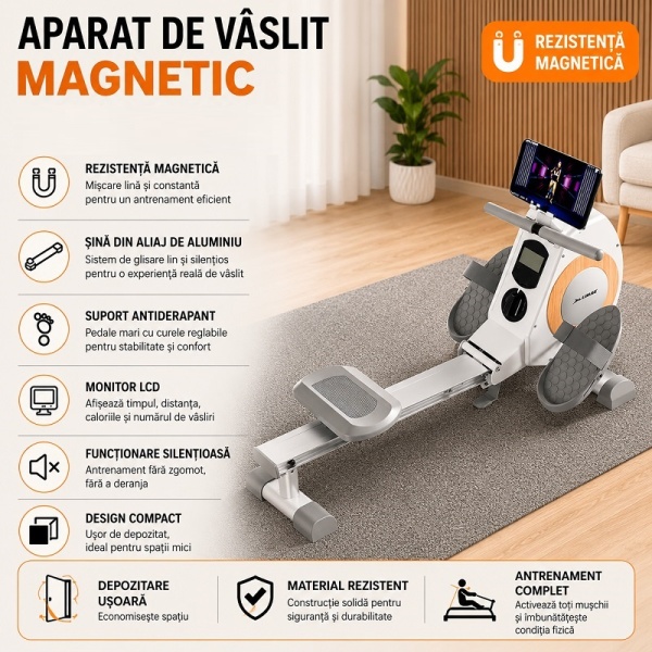Foldable Magnetic Rowing Machine, 8 Resistance Levels, Dedicated App, Tablet Holder, Aluminum Rail - Img 5