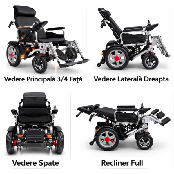 Scaun electric pliabil cu suspensie dublă, autonomie mare, roți mari 12 inch și recliner full, fotoliu rulant electric profesional pentru exterior și interior.