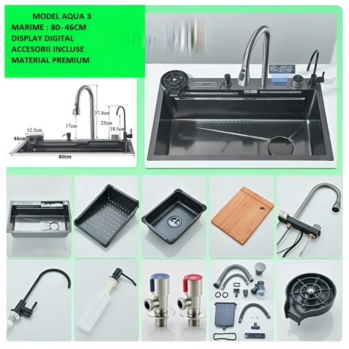 Pachet lavoar - chiuvetă multifuncțională 80x46 cm inox gri cu cascadă apă AlpinCool DenisNetwork