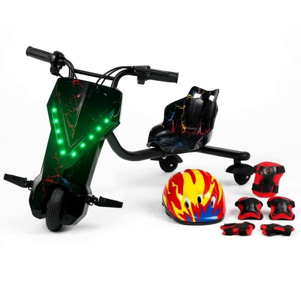 Tricicletă electrică drift neagră pentru copii cu LED-uri verzi și cască protecție cadou - Flytec™