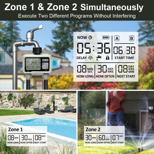 Automatic irrigation controller, 2 independent zones, large screen, metal joint, double outlet for sprinklers, drippers - Img 6