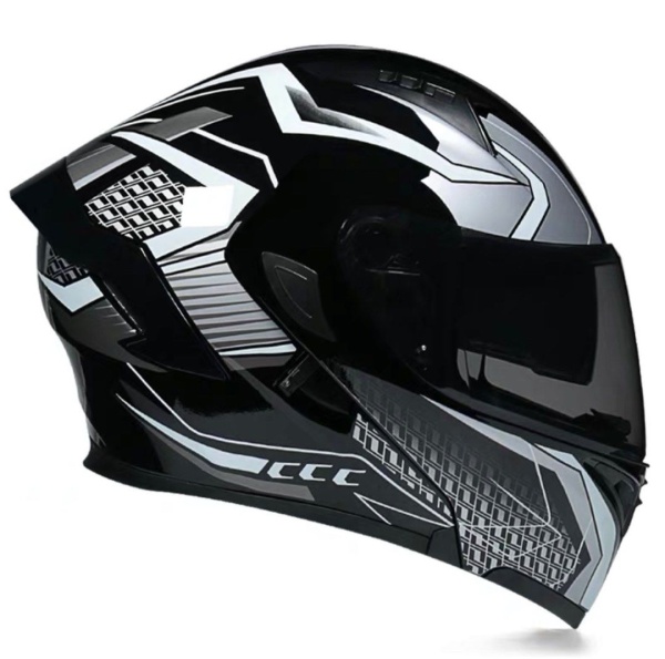 Full Face Flip Up Motorcycle/Scooter Helmet With Double Visor – Black/White Sport Design, Modular Folding System - Img 4