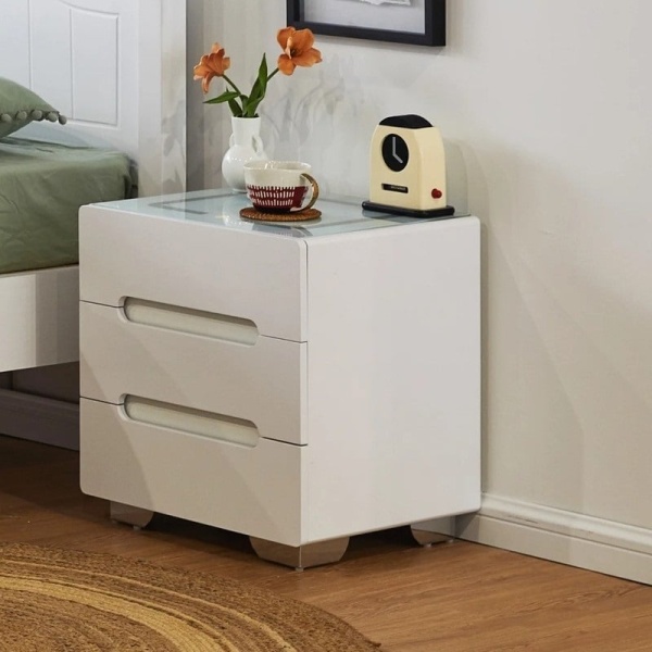 Multifunctional smart bedside table - Ingrid 2 drawers white tempered glass, wireless charging, USB, LED lighting with Touch adjustable temperature - Img 7