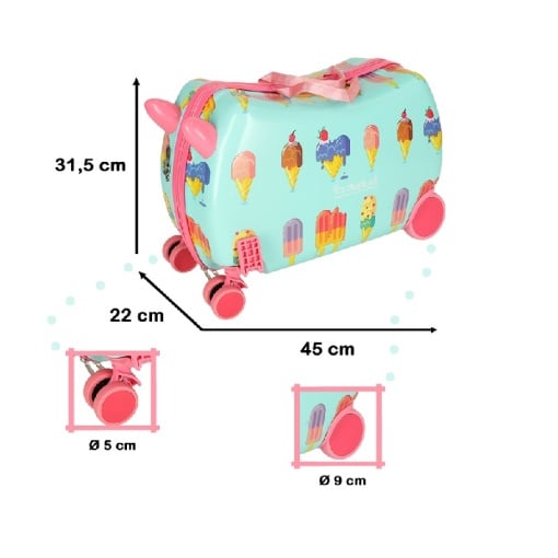 Troler Ride-On Pentru Copii Ice Cream, Valiza cu 4 roti directionale , Curea Transport, Suport Picioare, 28L, Greutate maxima 30kg, Turcoaz - Img 6