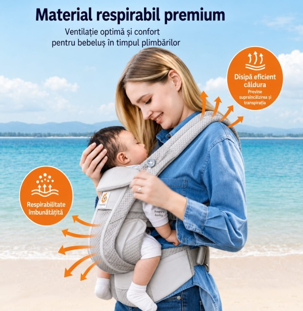 Materialul respirabil premium asigura o ventilatie optima si ajuta la disiparea eficienta a caldurii, oferind confort sporit bebelusului in timpul plimbarilor. Structura speciala a tesaturii contribuie la reducerea transpiratiei si mentine o temperatura p