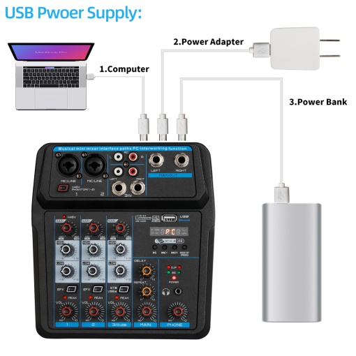 Mixer cu Bluetooth Record Multi-purpose 4 canale Input Mic Line Insert Stereo USB Playback, USB Interface and a Sound Card