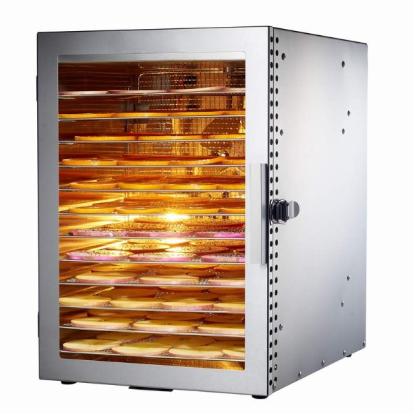 Uscator alimente profesional din inox, conceput pentru utilizare casnica si HoReCa. Dispune de 12 tavi incapatoare, afisaj digital si sistem eficient de circulatie a aerului pentru deshidratarea uniforma a fructelor, legumelor si carnii.