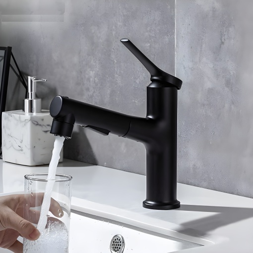 Robinet baie negru mat cu capăt extensibil pentru lavoar