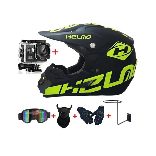 set casca cross negru verde neon cu suport camera manusi ochelari cagula enduro atv - Flytec™
