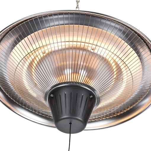 Prim-plan de jos al reflectorului circular cu grilaj și element radiant aprins